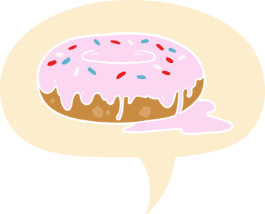 Bir insan tarafından çizilmiş, konuşma baloncuklu çizgi film donutu.