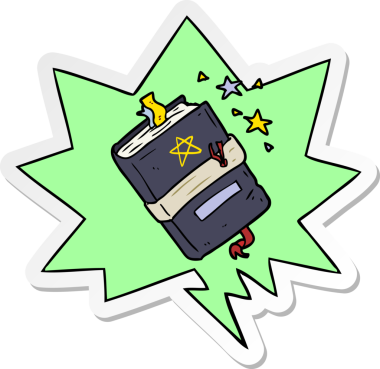 Bir insan tarafından çizilmiş konuşma kabarcığı çıkartmalı büyü kitabı.