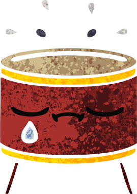 Bir insan tarafından çizilmiş ağlayan davulun retro çizim tarzı karikatürü