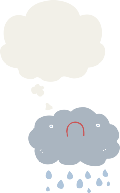 Düşünce baloncuğu olan sevimli çizgi film bulutu bir insan tarafından çizilmiş.