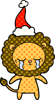 Ağlayan el çizilmiş çizgi roman tarzı Noel Baba şapkası takan bir aslanın bir insan tarafından çizilmiş resmi.