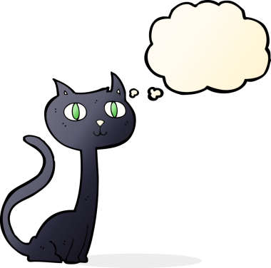 Bir insan tarafından çizilmiş düşünce baloncuklu kara kedi.