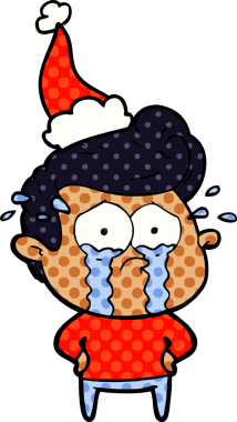 Bir insan tarafından çizilmiş Noel Baba şapkası giymiş ağlayan bir adamın el çizimi çizgi roman çizimi.