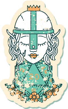 Retro Tattoo stili elf dövüşçüsü. Bir insan tarafından çizilmiş 20 zar ile.