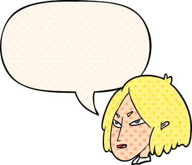 Bir insan tarafından çizilmiş çizgi roman tarzında konuşma balonu olan bir karikatür kadın.