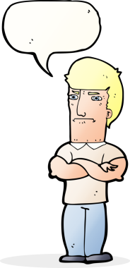 Bir insan tarafından çizilmiş, kolları katlanmış, konuşma balonlu bir karikatür.