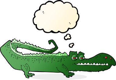 Bir insan tarafından çizilmiş düşünce baloncuklu timsah çizgi filmi.