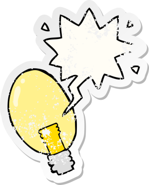 Konuşma baloncuklu karikatür elektrik ışığı bir insan tarafından çizilmiş sıkıntılı eski bir çıkartma