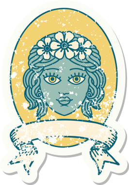 Bir insan tarafından çizilmiş çiçekli bir bakirenin bayrağını taşıyan eski bir etiket.