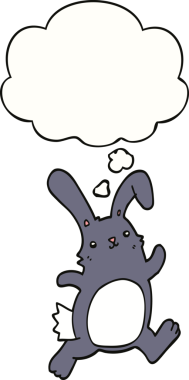 Bir insan tarafından çizilmiş düşünce baloncuğuyla koşan çizgi film tavşanı