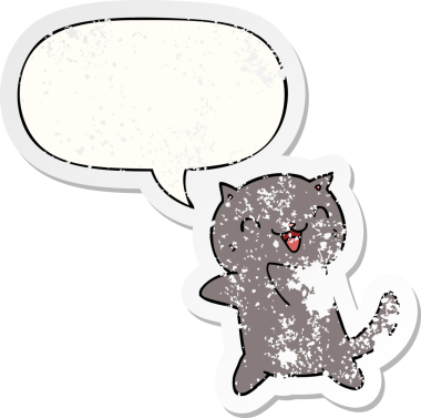 Konuşma baloncuğu olan çizgi film kedisi bir insan tarafından çizilmiş sıkıntılı eski bir çıkartma