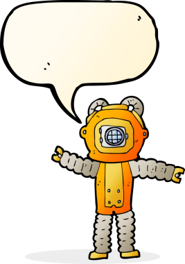 Bir insan tarafından çizilmiş konuşma balonlu derin deniz dalgıcı çizgi filmi.