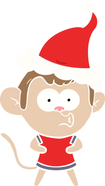 Bir insan tarafından çizilmiş Noel Baba şapkası giymiş şaşırmış bir maymunun el çizimi düz renk çizimi.