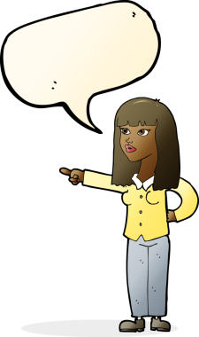 Bir insan tarafından çizilmiş konuşma baloncuğuyla işaret eden güzel bir kadın.