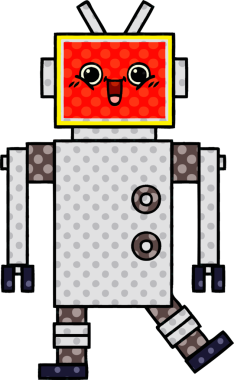 Bir insan tarafından çizilmiş mutlu bir robotun çizgi romanı.