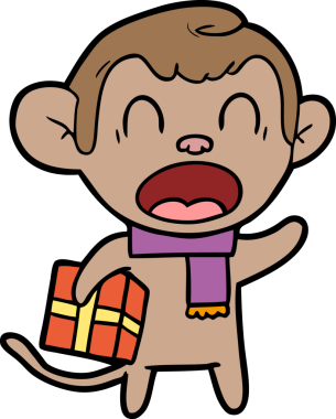 Bağıran maymun bir insan tarafından çizilmiş Noel hediyesini taşıyor.