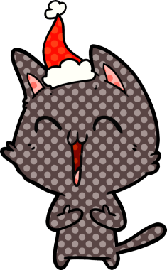 Mutlu el çizimi çizgi roman tarzı Noel Baba şapkası takan bir kedinin insan tarafından çizilmiş resmi.