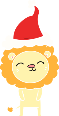 Bir insan tarafından çizilmiş Noel Baba şapkası takan bir aslanın düz renkli çizimi.