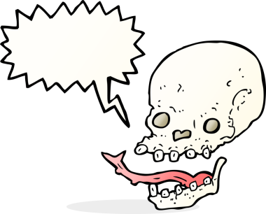 Bir insan tarafından çizilmiş konuşma baloncuğu olan karikatürümsü kafatası.