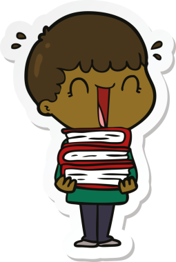 Bir insan tarafından çizilmiş kitap yığınını elinde tutan gülen bir çizgi film adamının çıkartması.