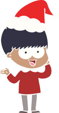 Bir insan tarafından çizilmiş Noel Baba şapkası giyen bir çocuğun çizilmiş mutlu el çizimi düz renk çizimi.