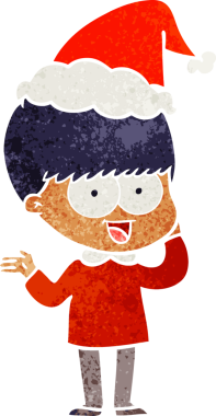 Mutlu el çizimi, Noel Baba şapkası takan bir çocuğun insan tarafından çizilmiş retro karikatürü.