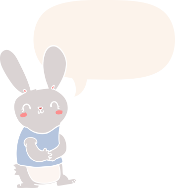 Konuşma baloncuğu olan sevimli çizgi film tavşanı insan tarafından çizilmiş.