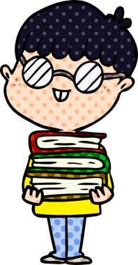 Bir insan tarafından çizilmiş gözlüklü ve kitaplı inek çocuk.