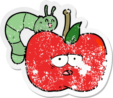 Bir insan tarafından çizilmiş elma ve böceğin sıkıntılı çıkartması.