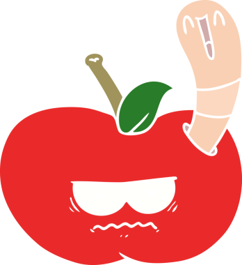 Düz renkli çizgi film solucanı bir insan tarafından çizilmiş kızgın bir elmayı yiyor.