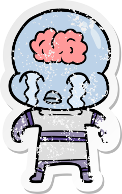 Bir çizgi filmin sıkıntılı çıkartması. Bir insan tarafından çizilmiş büyük beyinli uzaylı ağlaması.