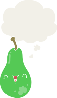 Düşünce baloncuğu olan bir çizgi film armudu insan tarafından çizilmiş.