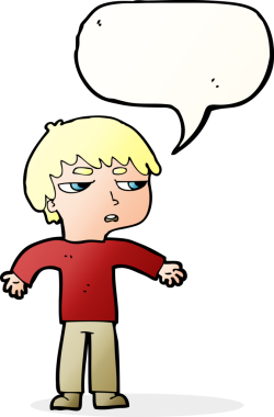 Bir insan tarafından çizilmiş konuşma baloncuğuyla sinirlenmiş bir çocuk.