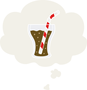 Düşünce baloncuğu ile bir insan tarafından çizilmiş karikatür bardak kola.