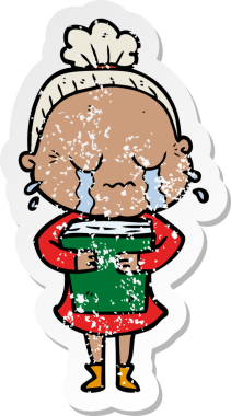 Bir insan tarafından çizilmiş, ağlayan yaşlı bir kadın karikatürü.