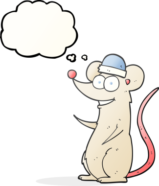 Bir insan tarafından çizilmiş serbest çizim düşünce balonu çizgi filmi mutlu fare