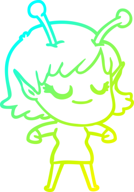 Bir insan tarafından çizilmiş gülümseyen uzaylı kız çizgi filmi.