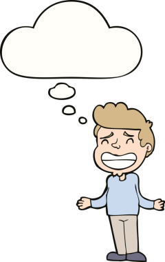 Çizgi filmci çocuk bir insan tarafından çizilmiş düşünce balonuyla omuz silkiyor.