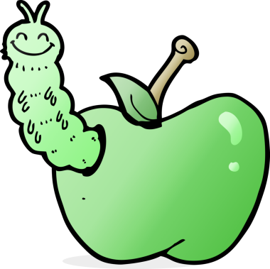 Bir insan tarafından çizilmiş elma yiyen çizgi film böceği.