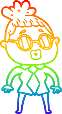 Gökkuşağı gradyan çizgi çizimi. Bir insan tarafından çizilmiş gözlük takan bir ofis kadını.