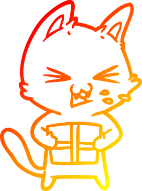 Bir insan tarafından çizilmiş Noel hediyesi olan çizgi film tıslayan bir kedinin sıcak çizgi çizimi