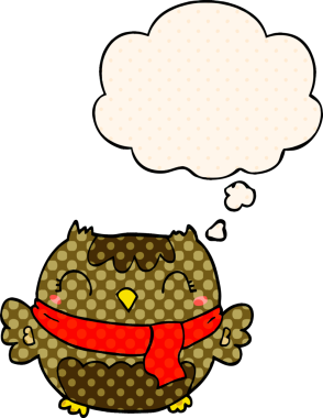 Bir insan tarafından çizilmiş çizgi roman tarzında düşünce baloncuğu olan sevimli bir baykuş.