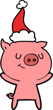 Bir insan tarafından çizilmiş Noel Baba şapkası takan bir domuzun çizdiği mutlu el çizgisi.
