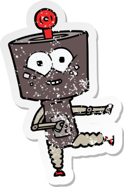 Bir insan tarafından çizilmiş mutlu bir robot çizgi film çıkartması.