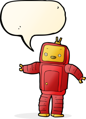 Bir insan tarafından çizilmiş konuşma balonu olan çizgi film robotu.