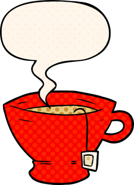 Bir insan tarafından çizilmiş çizgi roman tarzında konuşma baloncuklu bir çay.