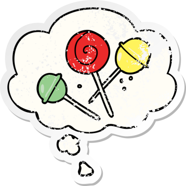 Düşünce baloncuklu çizgi film lolipopu insan tarafından çizilmiş yıpranmış bir çıkartma.