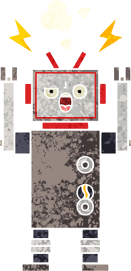 Bir insan tarafından çizilmiş bozulmuş bir robotun retro çizim tarzı karikatürü