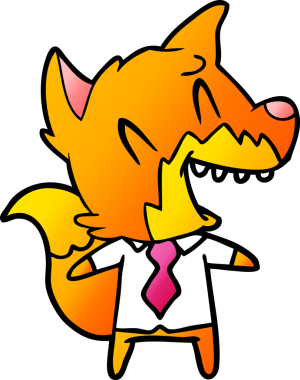 Bir insan tarafından çizilmiş gömlekli ve kravatlı gülen tilki.