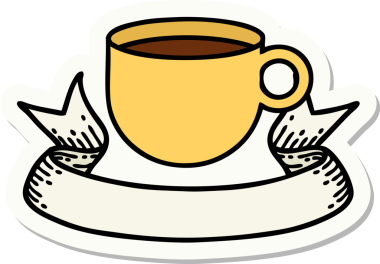 Bir insan tarafından çizilmiş bir fincan kahve sancağıyla dövme stili çıkartması.